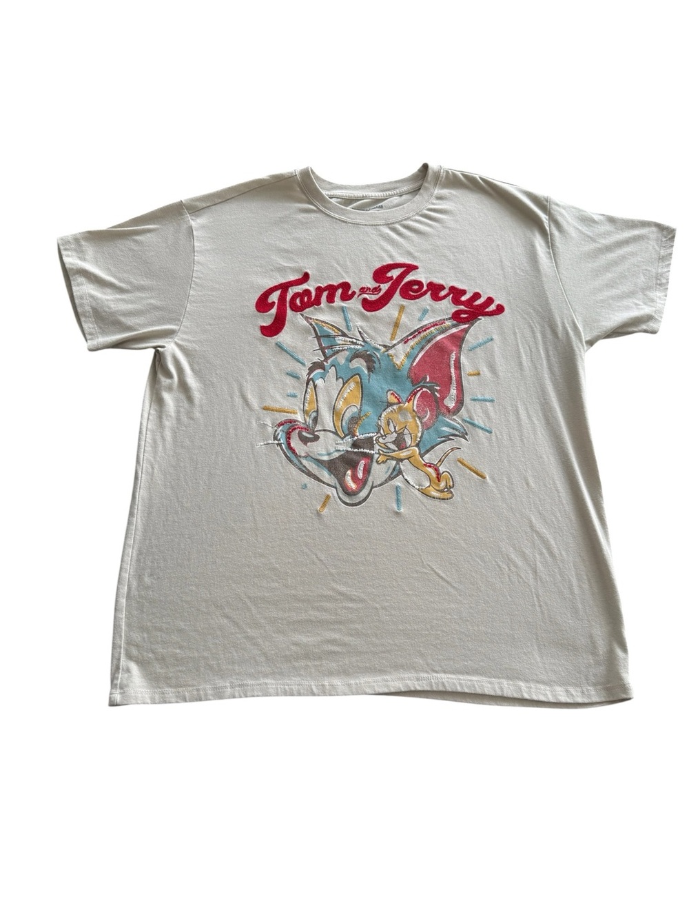Freeze Tom & Jerry Graphic Tee XL Beige Felt Embroidered Distressed Cartoon
